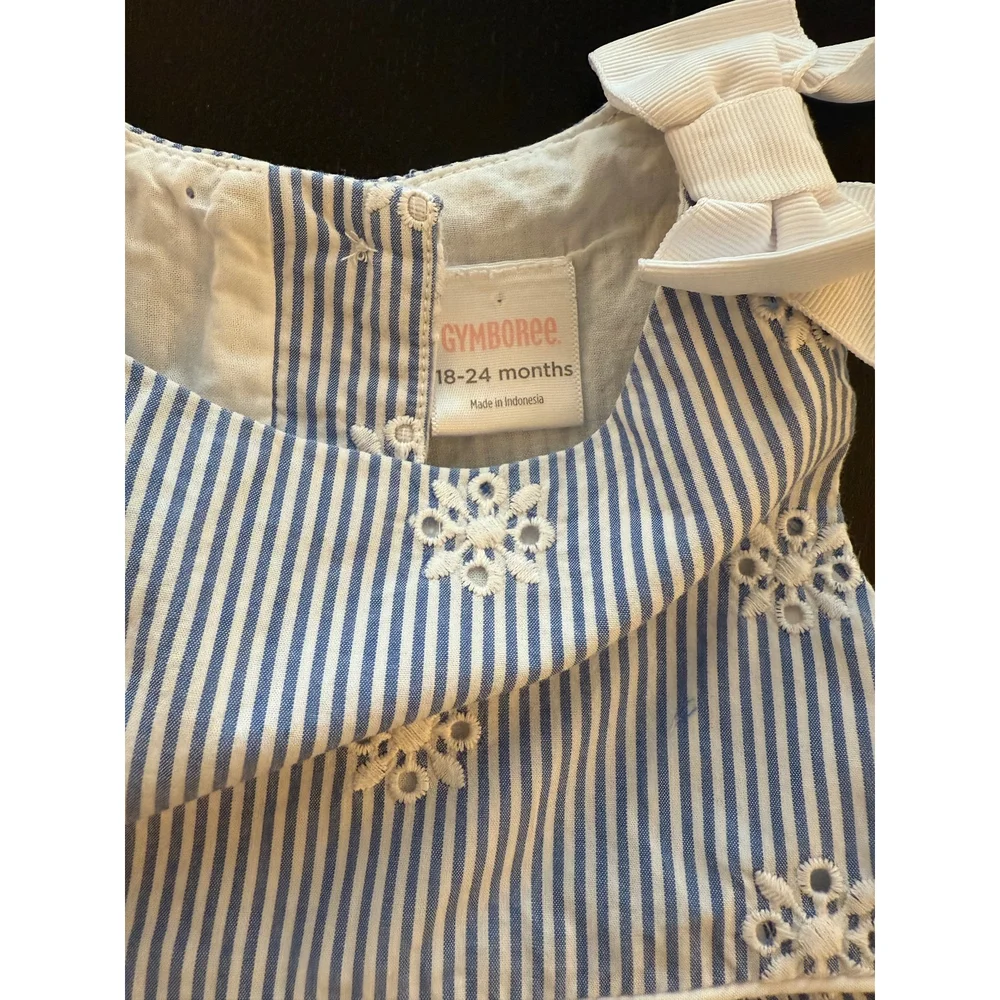 Gymboree Toddler Pinstriped Eyelet Dress Girls 18-24m Blue Lined‎ w/ Bow Accent